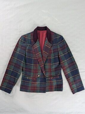 VTG Maroon Green Plaid Wool Button Front Velvet Collar 70s Blazer Dark Academia